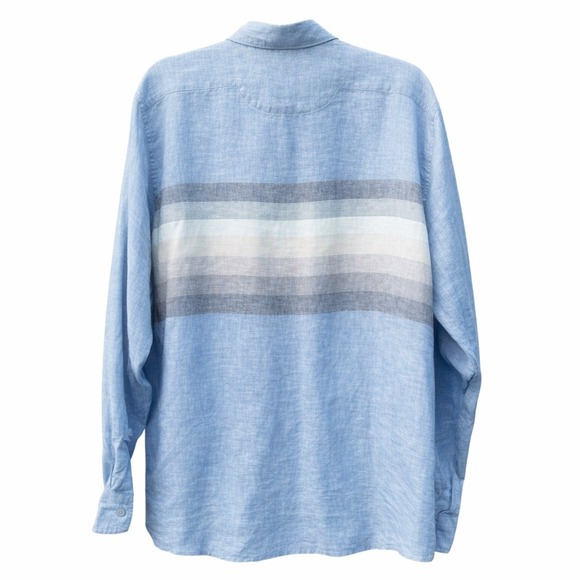 Tommy Bahama Mens XL Shirt Blue 100% Linen Long Sleeve Striped Chest Coastal - Picture 2 of 8